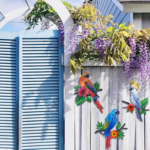 Metal Parrots Wall Art Decor Outdoor Decorations for Yard Garden Decor (3 Count)