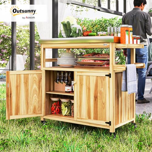 Outdoor Grill Cart with Wheels and Storage Natural Wood