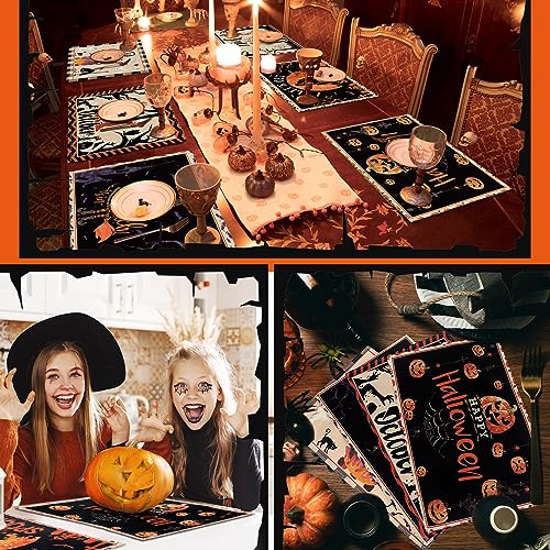 6 Pcs Halloween Placemats 12"x18" Gothic Bat Placemats Kitchen Decoration Washable Witch Place Mats Rectangle Skull Table Mats for Halloween Dining Table Accessories