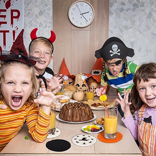 4 Pack Halloween Handmade Braided Drink Coasters Black Orange Pumpkins Witch Hats Absorbent Cotton Cup Coasters Heat Resistant Cup Mats for Halloween Home Kitchen Office Table Decor (4 Count)