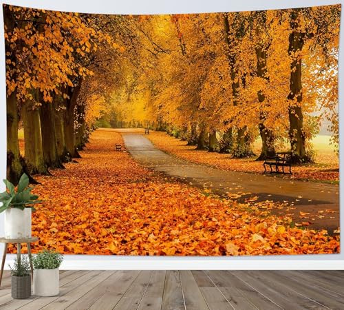 Fall Orange Forest Tapestry Nature Landscape Autumn Maple Tree with Vintage Road Wall Tapestry Modern Aesthetic Wall Art for Office Bedroom