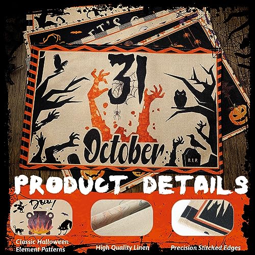 6 Pcs Halloween Placemats 12"x18" Gothic Bat Placemats Kitchen Decoration Washable Witch Place Mats Rectangle Skull Table Mats for Halloween Dining Table Accessories