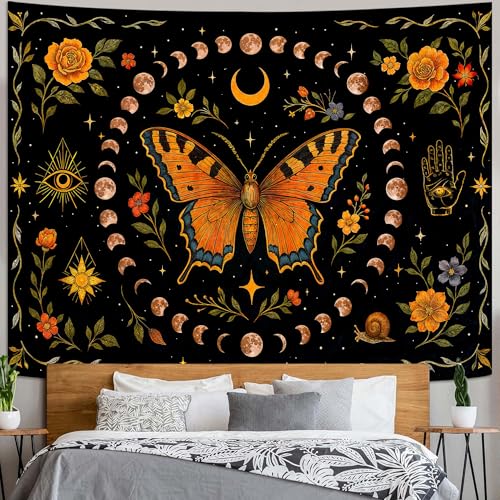 Moon Phase Butterfly Floral Wall Tapestry