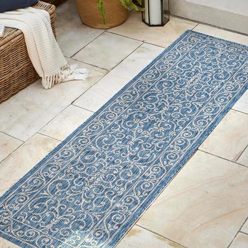 Vintage Filigree Indoor Outdoor Runner Rug 2X8 Navy