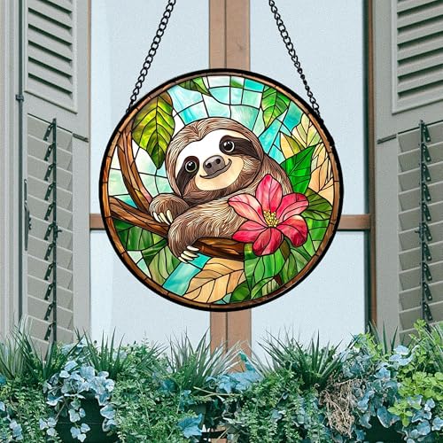 Stained Glass Window Hanging Sloth Flower Suncatcher Gifts for Women 7.8"