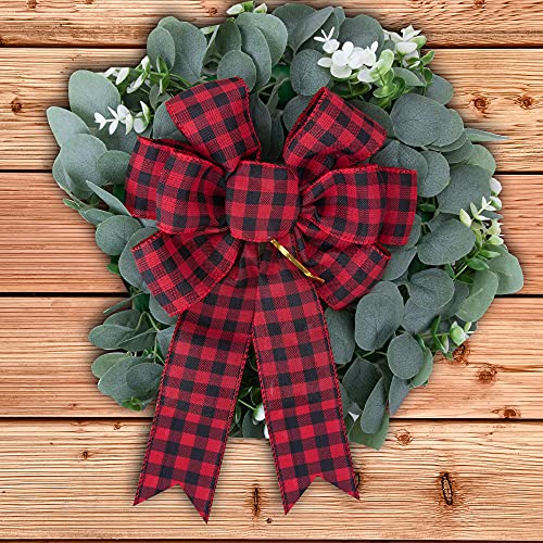 2 Pcs Large Red Black Buffalo Plaid Wreath Bows
