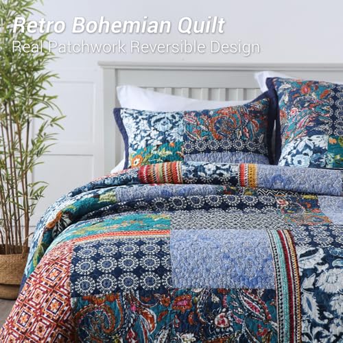 Queen Quilt Set Reversible Lightweight Bohemian Paisley Patchwork Cotton Quilted Bedspread Coverlet Set 3