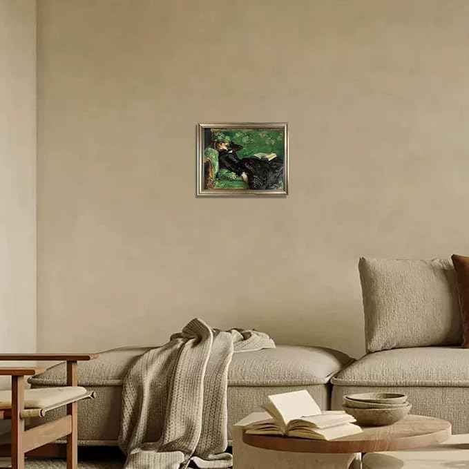 Framed Vintage Woman Reading Book Canvas Wall Art Moody Black and Green Oil Painting Living Room Bedroom Decor Home Artwork
