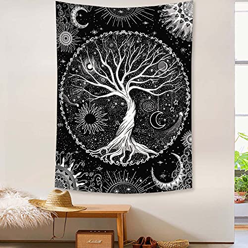 Tree of Life Tapestry Black and White Tapestry Mystical Sun and Moon Tapestries for Bedroom and Living Room Decor Black Tree 36×48 Inches