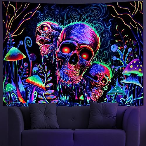 Blacklight Skull Tapestry Trippy Skeleton Wall Tapestries UV Reactive Neon Plants Trees Tapestries Aesthetic Galaxy Space Tapestry Wall Hanging for Bedroom Decor