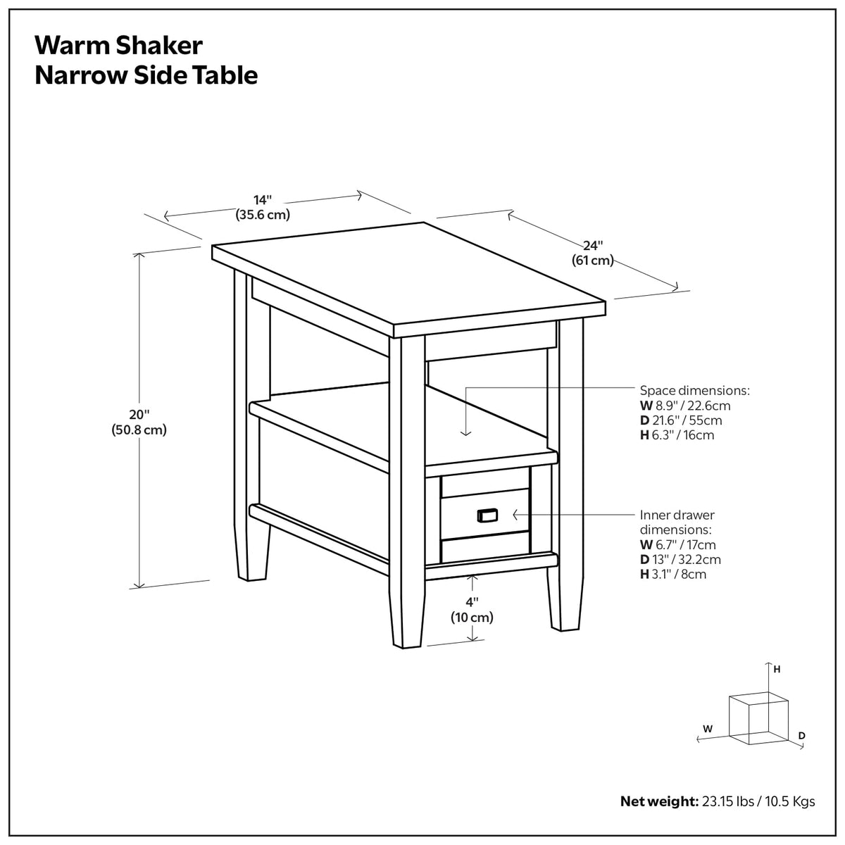 Warm Shaker 14" Wide Solid Wood End Table in Charcoal Brown