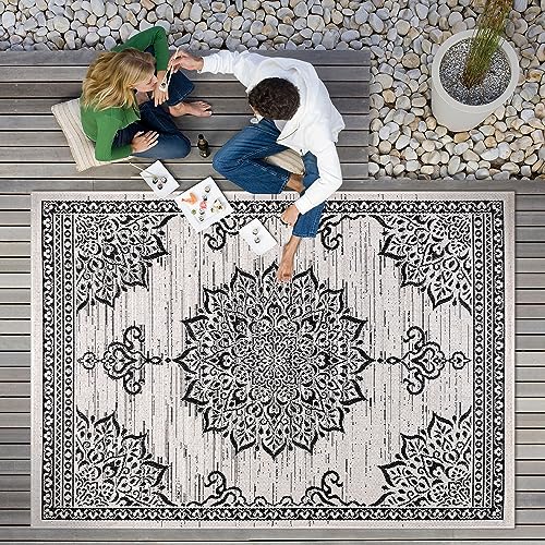 Outdoor Rug 8x10 Medallion White Black Modern Area Rugs for Indoor and Outdoor Patios
