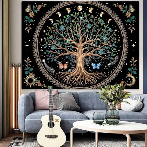 Tree of Life Tapastry Sun and Moon Tapastry Flower Boho Tree Mandala Wall Hanging for Bedroom and Living Room Decor Green Tree 70×90 Inches