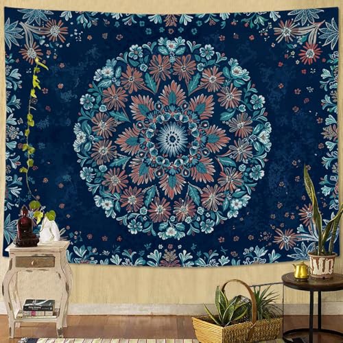 Boho Floral Mandala Tapestry Wall Hanging Blue Bohemian Flower Medallion Tapestry Aesthetic Vintage Navy Hippie Indian Small Tapestries for Bedroom Living Room Dorm Decor 60 x 44 Inch