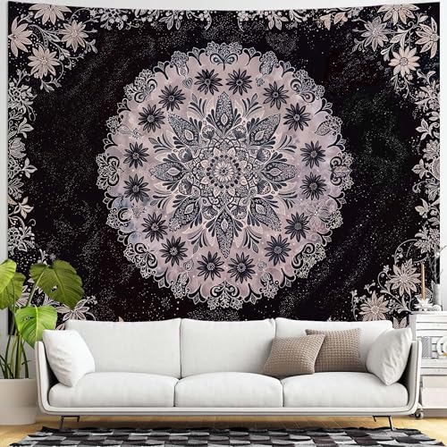Boho Floral Mandala Tapestry Wall Hanging Grey Bohemian Flower Medallion Tapestry Aesthetic Gray Black Hippie Indian Small Tapestries for Bedroom Living Room Dorm Decor 80 x 60 Inch