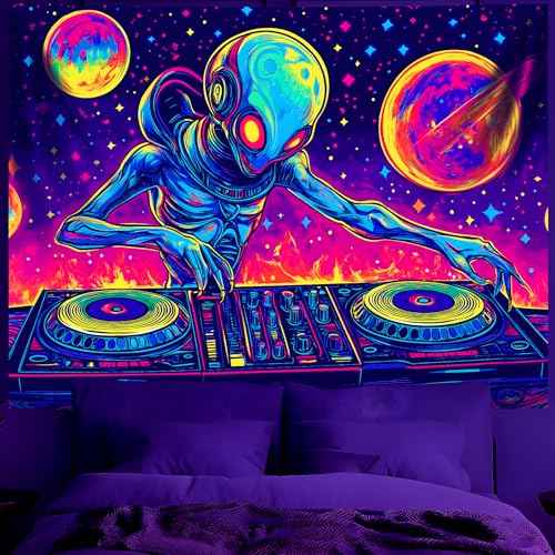 Blacklight Space Astronaut Tapestry UV Reactive Galaxy Planet Glow in Dark Tapestries Black Light Poster Neon Wall Hanging Art for bedroom Living Room