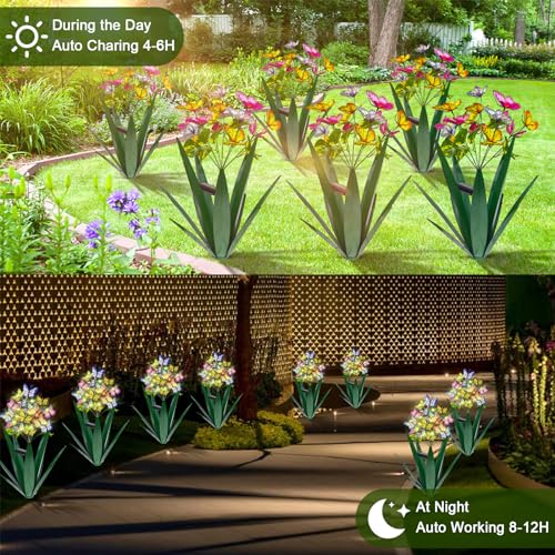 Solar Metal Agave Butterfly Flower Stick Garden Sculpture (2 Count)