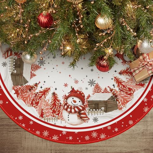 Red Snowflake Snowman Cardinal Christmas Tree Skirt 48 Inch