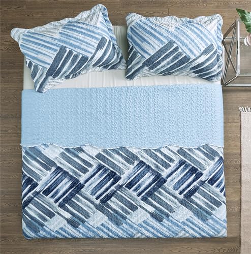 Blue Grey Stripes & Blocks Patchwork Quilt Set