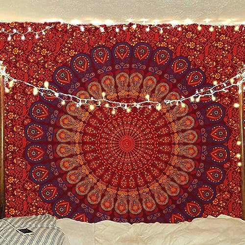Indian hippie Bohemian Psychedelic Golden Blue Peacock Mandala Wall hanging Bedding Tapestry
