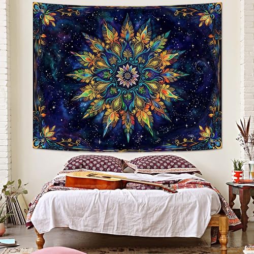 Boho Floral Mandala Tapestry for Bedroom Aesthetic Blue Bohemian Colorful Flower Wall Tapestry Purple Hippie Indian Small Tapestries Wall Hanging for Living Room Dorm Decor 60 x 44 Inch