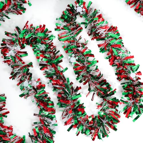 50 Feet Green Red Christmas Metallic Tinsel Twist Hanging Garland with Snowflake for Home Mantle Xmas Tree Staircase Railing New Year Holiday Party Indoor Outdoor Decorations (4 Foot)