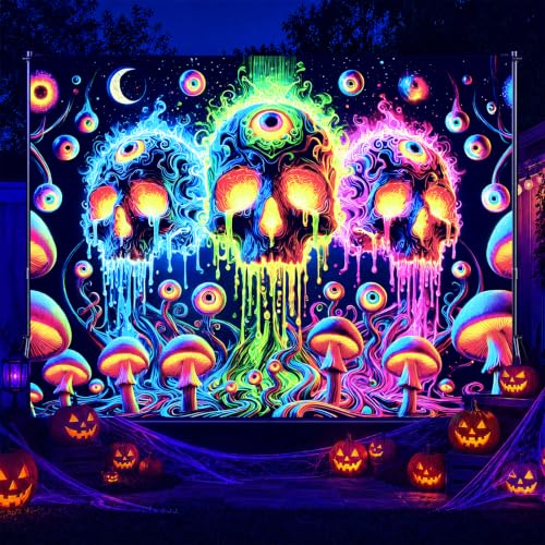 Blacklight Tapestry Skull Cosmic Room Wall Art 78 x 59 Inch