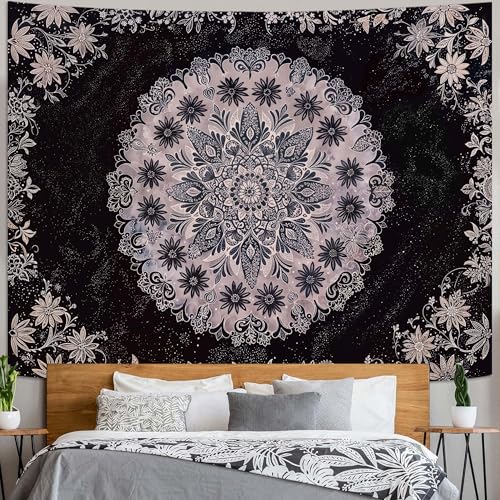Boho Floral Mandala Tapestry Wall Hanging Grey Bohemian Flower Medallion Tapestry Aesthetic Gray Black Hippie Indian Small Tapestries for Bedroom Living Room Dorm Decor 80 x 60 Inch