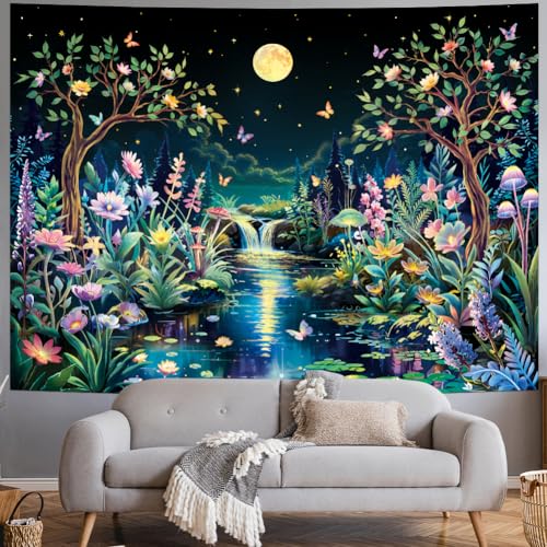 Blacklight Fantasy Forest Tree Tapestry UV Reactive Floral Plant Tapestries Trippy Moon Butterfly Wall Art Decor Nature Landscape Wall Hanging for Bedroom