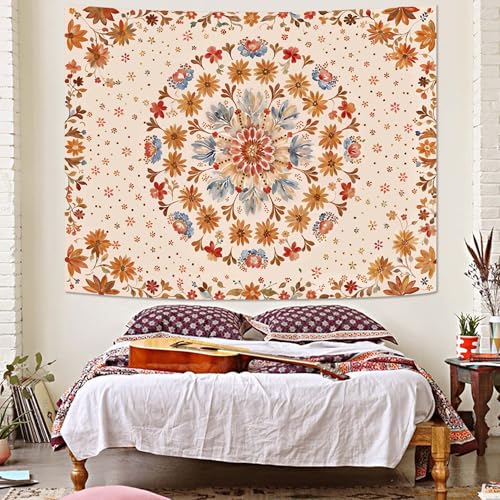 Boho Floral Mandala Tapestry Wall Hanging Watercolor Bohemian Flower Medallion Tapestry Aesthetic Beige Orange Hippie Indian Small Tapestries for Bedroom Living Room Dorm Decor 60 x 44 Inch