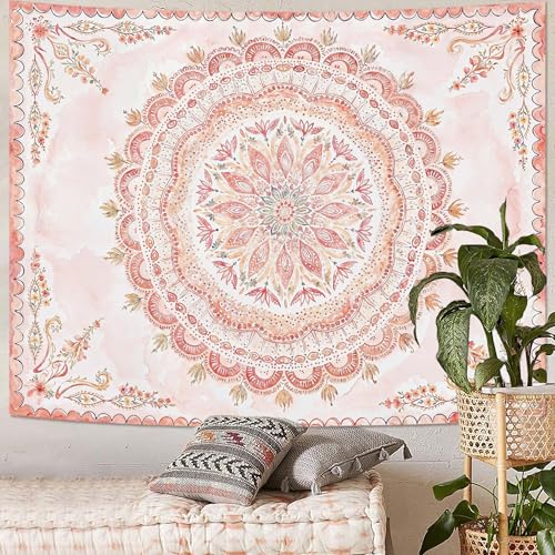 Boho Floral Mandala Tapestry Wall Hanging Pink Bohemian Flower Medallion Tapestry Aesthetic Watercolor Hippie Indian Small Tapestries for Bedroom Living Room Dorm Decor 48 x 36 Inch