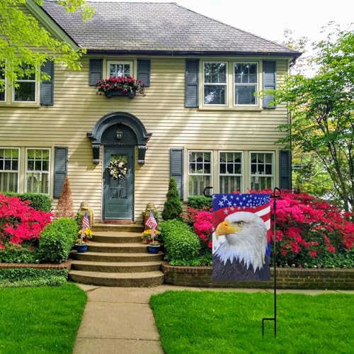 Garden Flag Stand with American Garden Flags Patriotic Stars and Eagle Yard Flag 12x18 Inch Holder Pole Stake Double Side for Outside with Clips and Stopper