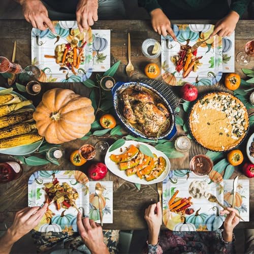 200Pcs Fall Plates and Napkins Square Blue Pumpkins Plate Thanksgiving Paper Plates Pumpkin Wood Grain Dinnerware for Baby Shower Fall Harvest Family Thanksgiving Party Decorations (200 Count)