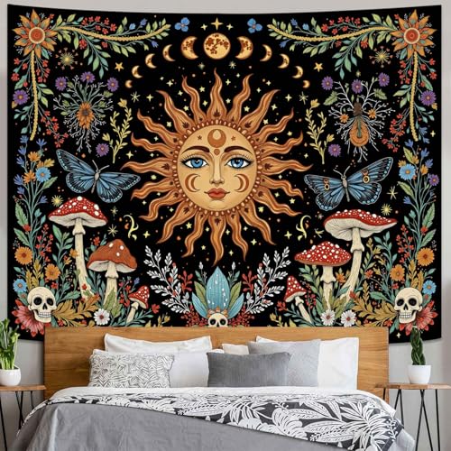 Celestial Sun Mushroom Skull Wall Tapestry