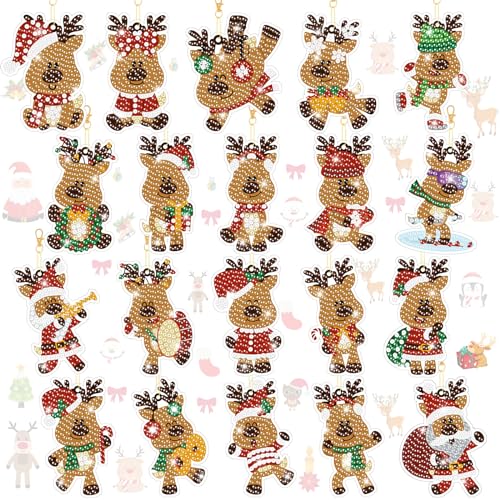 20 Pcs Christmas Diamond Painting Keychain Kits 5D DIY Diamond Art Pendants Double Sided Hanging Key Chains for Christmas Party Decoration DIY