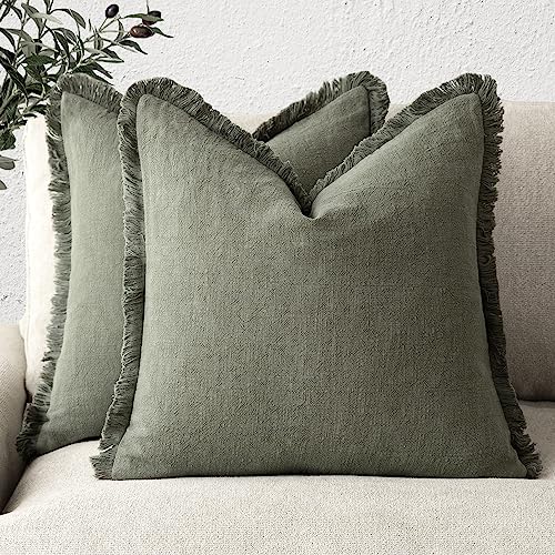 Decorative Linen Fringe Throw Pillow Covers 16×16 Olive Green (2 Count)
