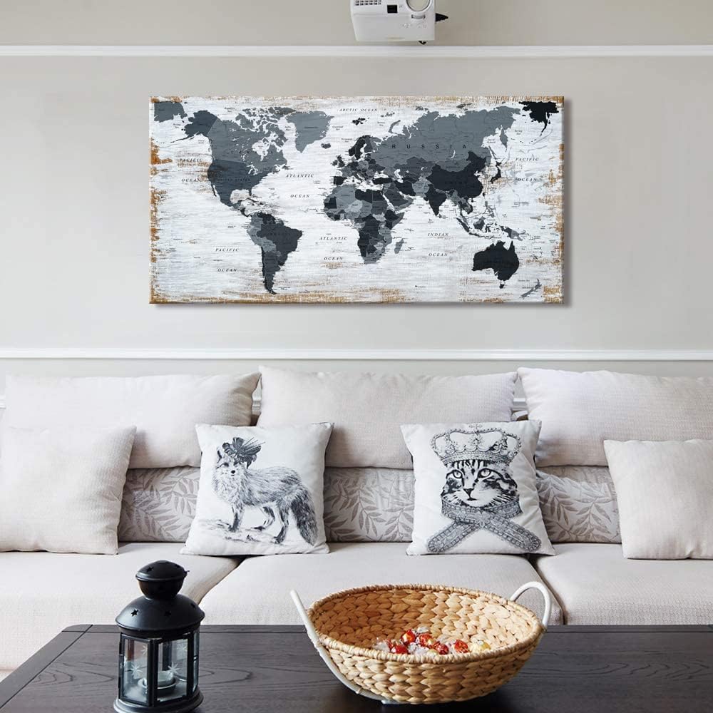 World Map Canvas Wall Art Decor Black Wall Decor Office World Map Wall Art World Pictures for Living Room Wall Decoration Map of the world Picture Framed Artwork Decor for Home Bedroom Decoration