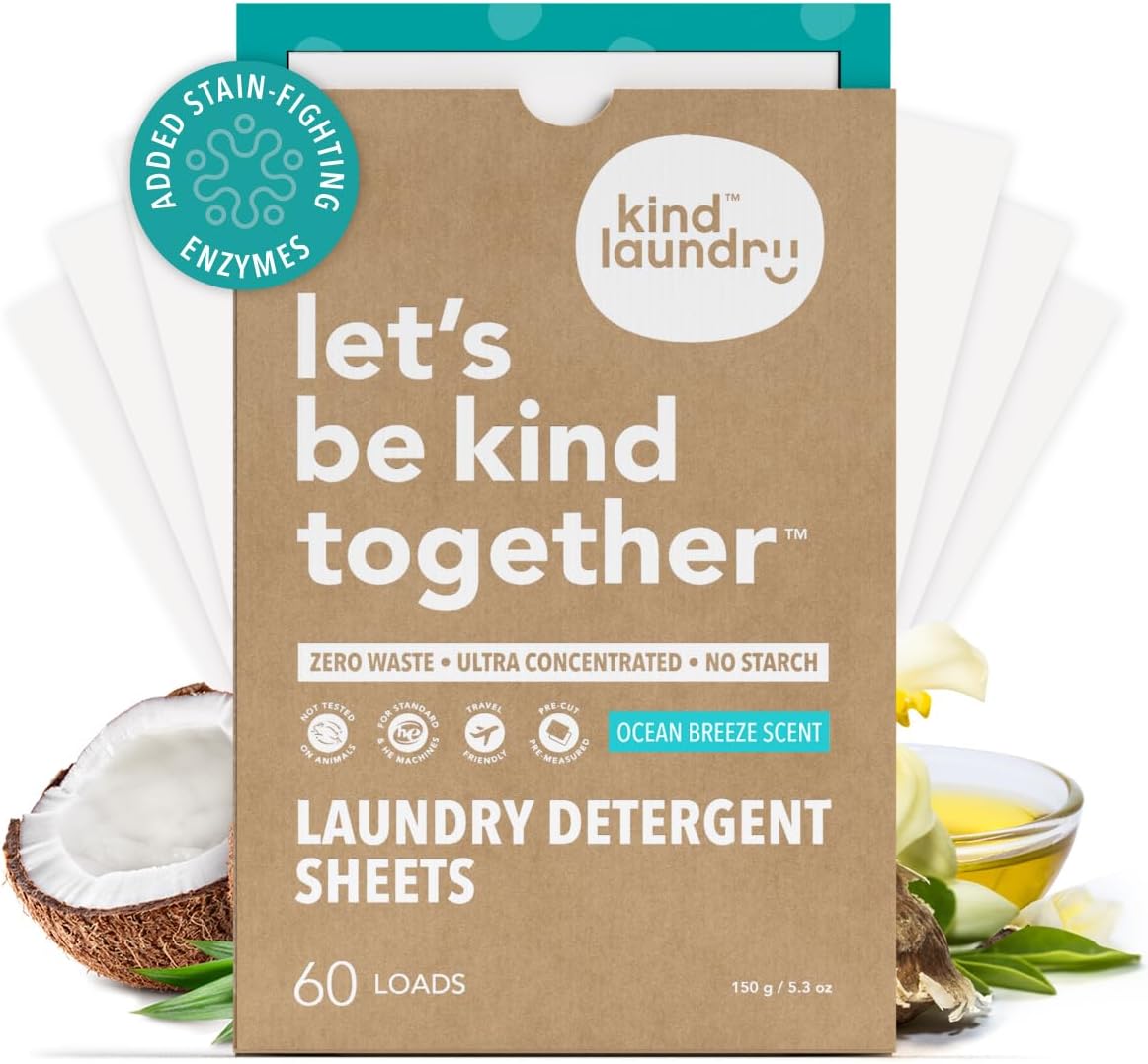 Kind Laundry Detergent Sheets Stain-Fighting Enzymes - Plant Powered Eco-Friendly Laundry Soap Sheets - Home or Travel Laundry Detergent - Ocean Breeze, 60 Loads (Mom's Choice Award Winner) - HavenBliss Decor
