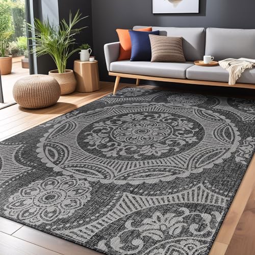 Medallion Outdoor Rug 8x10 Washable Outside Carpet for Indoor Patio Porch Waterproof Easy Cleaning Non Shedding Area Rugs Dark Gray 8 x 10