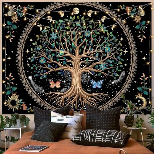 Tree of Life Tapastry Sun and Moon Tapastry Flower Boho Tree Mandala Wall Hanging for Bedroom and Living Room Decor Green Tree 60×80 Inches