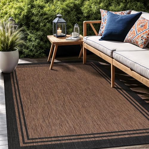 Bordered Outdoor Rug 10x14 Washable Outside Carpet for Indoor Patio Porch Waterproof Easy Cleaning Non Shedding Area Rugs Nut Brown 10 x 14