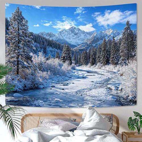 Winter Forest Snow Mountain Tapestry Snowy Pine Tree Woodland Tapestry for Bedroom Aesthetic White Clouds Flowing River Landscape Tapestries Wall Hanging for Living Room Dorm Office 80 x 60 Inch