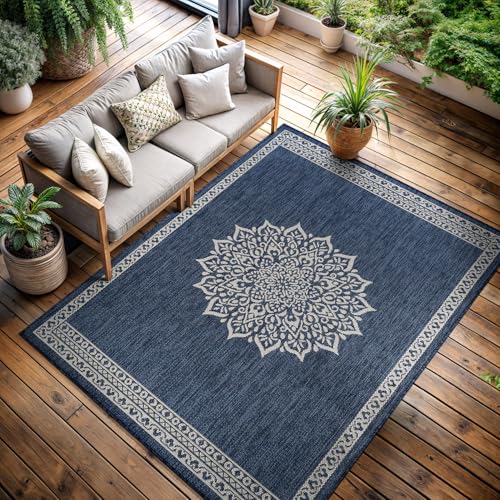 Outdoor Rug 8x10 Medallion Blue Modern Area Rugs for Indoor and Outdoor Patios Kitchen and Hallway Mats Washable Porch Deck Outside Carpet (80 Sq Ft)