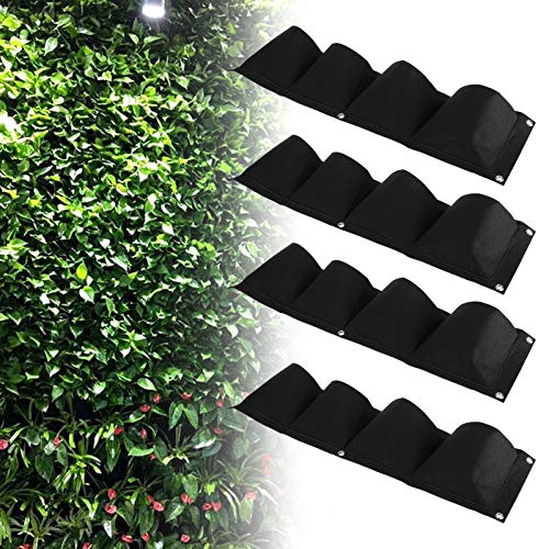 4Pcs 4 Pocket Felt Vertical Wall Garden Planter Plant Grow Bag Reusable Wall Mounted Planting Growing Bag for Flower Vegetable (4 Count)