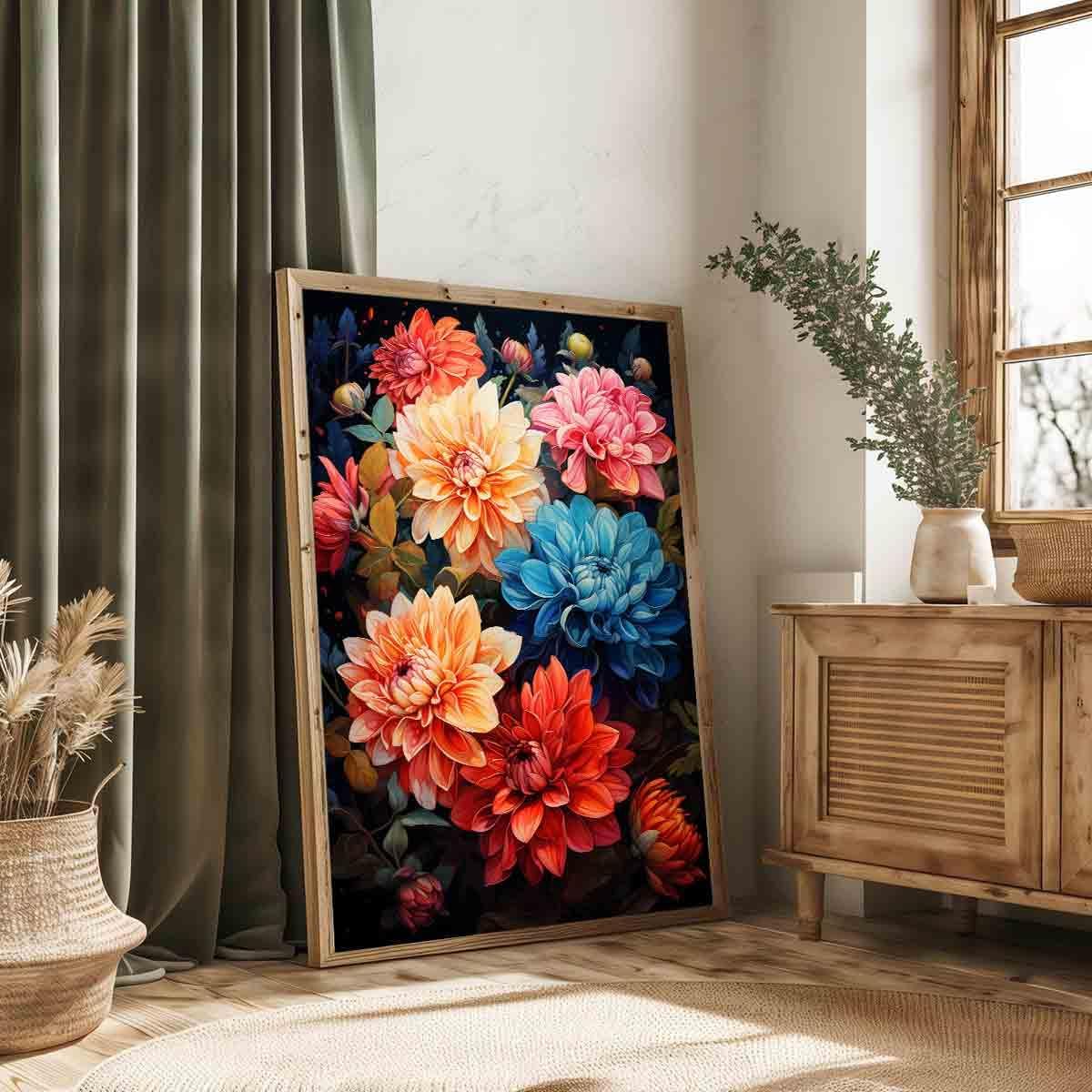 Dahlia Canvas Wall Art Abstract Flower Poster Pink Flower Painting Colorful Flowers Picture Blue Dahlia Wall Art Pink Floral Picture Plant Modern Living Room Decor 16x24inch No Frame