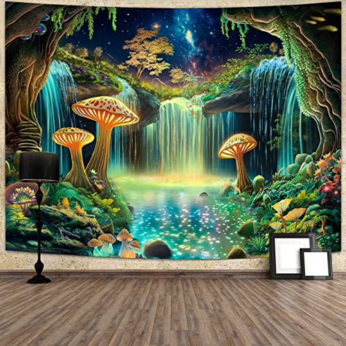 Blacklight Fantasy Forest Tapestry UV Reactive Waterfall Tapestries Starry Sky Tapestry Neon Nature Plant Wall Hanging Decor for Home
