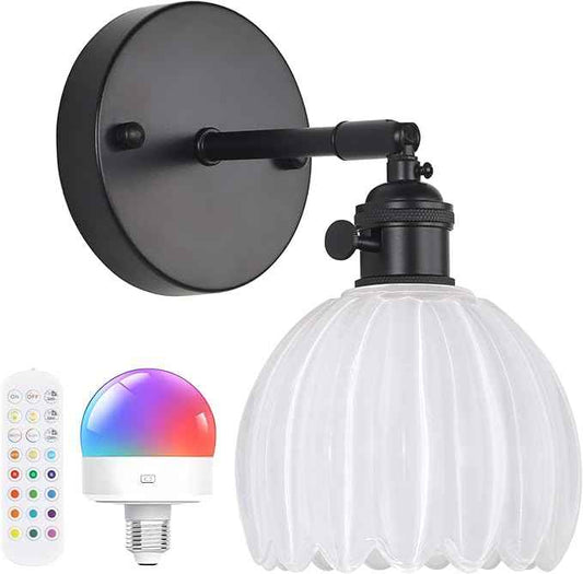 Vintage Battery Operated Wall Sconce with White Tulip Glass Lampshade Rechargeable Battery Powered Black Wall Light with Remote Control for Bedside Bedroom Doorway