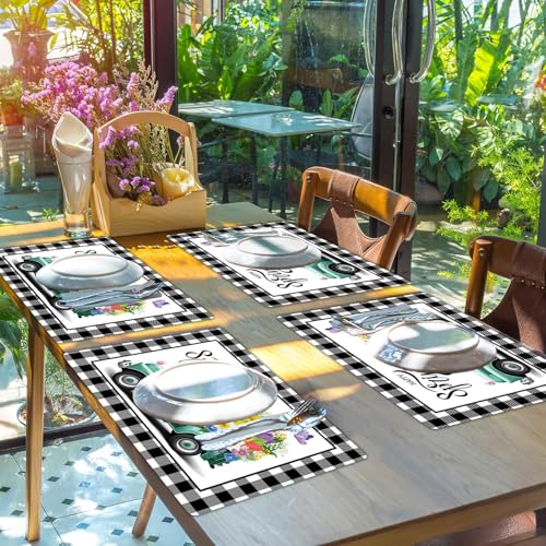 Happy Spring Placemats Set of 6 Black White Plastic Table Mat 17×13×0.04in (6 Count)