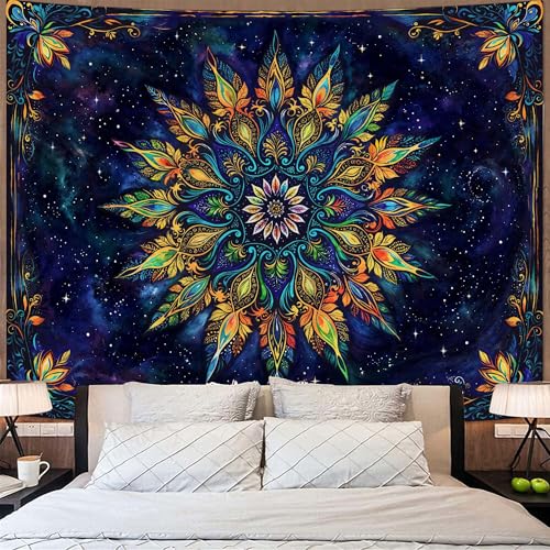 Boho Floral Mandala Tapestry for Bedroom Aesthetic Blue Bohemian Colorful Flower Wall Tapestry Purple Hippie Indian Large Tapestries Wall Hanging for Living Room Dorm Decor 80 x 60 Inch