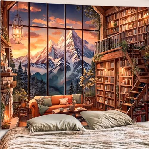 Forest Mountain Library Tapestry Fantasy Bookshelf Tapestries Wall Hanging Vintage Watercolor Nature Fairy Library Backdrop Large Tapestry for Bedroom Living Room Dorm Classroom 80 x 60 inch